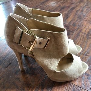 Nude Suede Bootie Style Heels with Buckles - Size 8.5